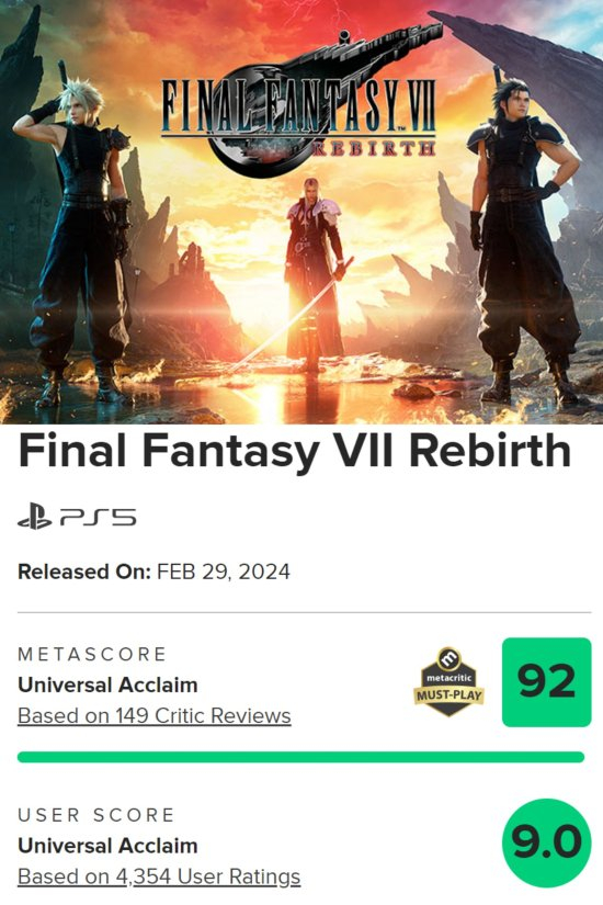 《FF7重生》预定年度最佳 M站评分再创新高(图1)